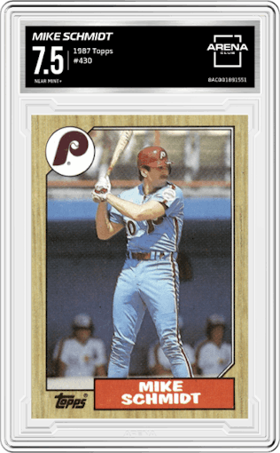 Mike Schmidt from the 1987 Topps set graded by Arena Club and given an overall grade of 7.5.