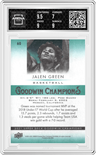 Jalen Green from the 2021 Upper Deck Goodwin Champions set graded by Arena Club and given an overall grade of 7.5.