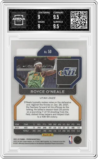 Royce O'Neale from the 2021-22 Panini Prizm  set graded by Arena Club and given an overall grade of 9.5.