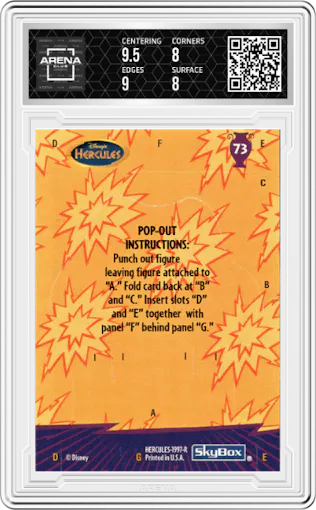 Philoctetes from the 1997 Skybox Disney Hercules set graded by Arena Club and given an overall grade of 8.5.