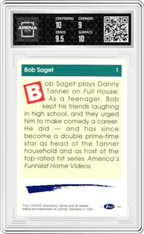 Bob Saget from the 1991 Impel Laffs set graded by Arena Club and given an overall grade of 9.5.