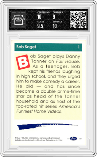 Bob Saget from the 1991 Impel Laffs set graded by Arena Club and given an overall grade of 9.5.