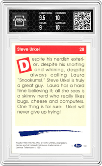 Steve Urkel from the 1991 Impel Laffs set graded by Arena Club and given an overall grade of 9.5.
