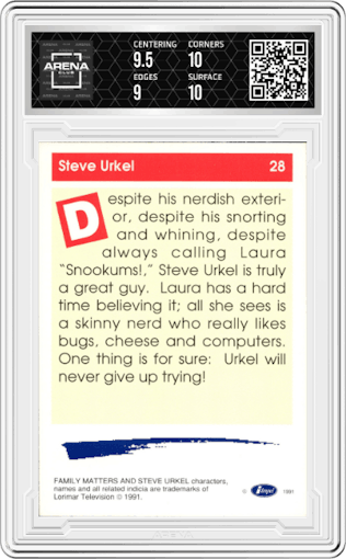 Steve Urkel from the 1991 Impel Laffs set graded by Arena Club and given an overall grade of 9.5.