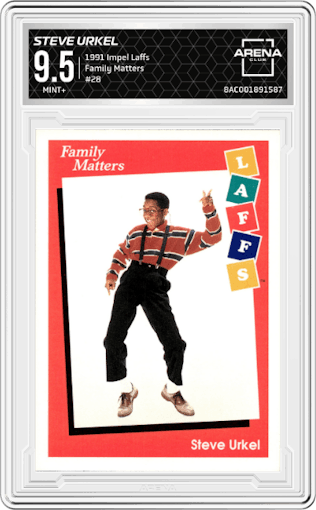 Steve Urkel from the 1991 Impel Laffs set graded by Arena Club and given an overall grade of 9.5.