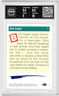 Bob Saget from the 1991 Impel Laffs set graded by Arena Club and given an overall grade of 9.5.