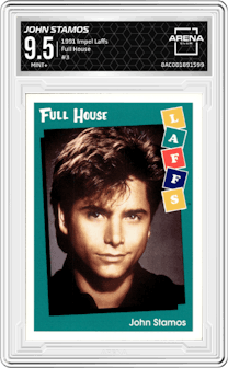 John Stamos from the 1991 Impel Laffs set graded by Arena Club and given an overall grade of 9.5.