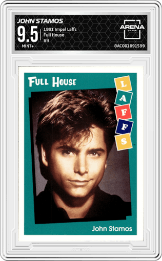 John Stamos from the 1991 Impel Laffs set graded by Arena Club and given an overall grade of 9.5.