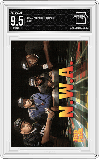 N.W.A from the 1991 Premier Rap Pack set graded by Arena Club and given an overall grade of 9.5.