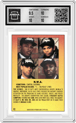 N.W.A. from the 1991 Premier Rap Pack set graded by Arena Club and given an overall grade of 10.