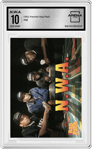 N.W.A. from the 1991 Premier Rap Pack set graded by Arena Club and given an overall grade of 10.