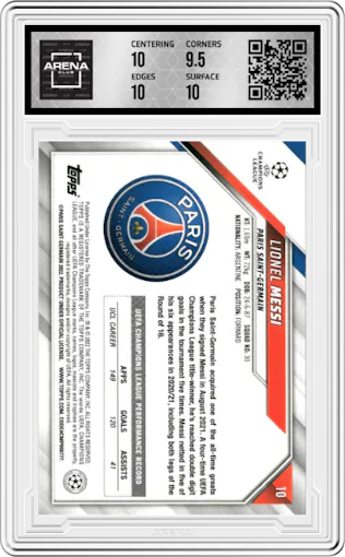 Lionel Messi from the 2021-22 Topps UEFA CL set graded by Arena Club and given an overall grade of 10.