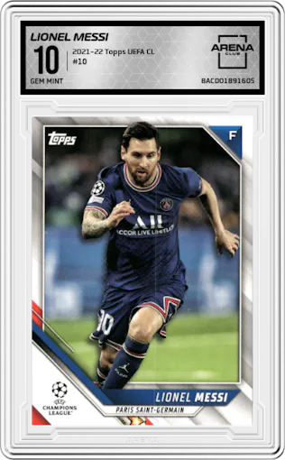 Lionel Messi from the 2021-22 Topps UEFA CL set graded by Arena Club and given an overall grade of 10.