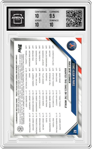 Stars Align in Paris/Lionel Messi/Kylian Mbappé/Neymar Júnior from the 2021-22 Topps UEFA CL set graded by Arena Club and given an overall grade of 10.