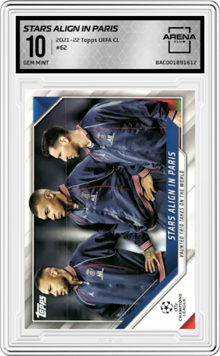 Stars Align in Paris/Lionel Messi/Kylian Mbappé/Neymar Júnior from the 2021-22 Topps UEFA CL set graded by Arena Club and given an overall grade of 10.