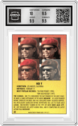 Ice T from the 1991 Premier Rap Pack set graded by Arena Club and given an overall grade of 10.