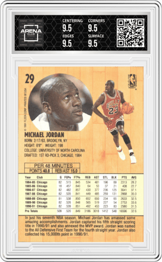 Michael Jordan from the 1991-92 Fleer set graded by Arena Club and given an overall grade of 9.5.