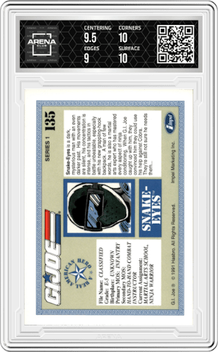 Snake-Eyes from the 1991 Impel G.I. Joe set graded by Arena Club and given an overall grade of 9.5.