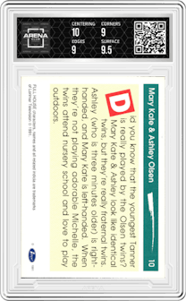 Mary Kate & Ashley Olsen from the 1991 Impel Laffs set graded by Arena Club and given an overall grade of 9.5.