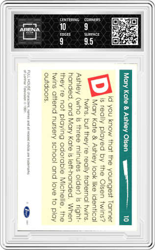 Mary Kate & Ashley Olsen from the 1991 Impel Laffs set graded by Arena Club and given an overall grade of 9.5.