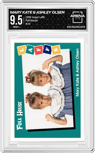 Mary Kate & Ashley Olsen from the 1991 Impel Laffs set graded by Arena Club and given an overall grade of 9.5.