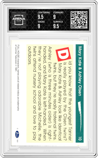 Mary Kate & Ashley Olsen from the 1991 Impel Laffs set graded by Arena Club and given an overall grade of 9.5.