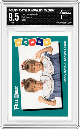 Mary Kate & Ashley Olsen from the 1991 Impel Laffs set graded by Arena Club and given an overall grade of 9.5.