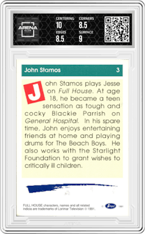 John Stamos from the 1991 Impel Laffs set graded by Arena Club and given an overall grade of 9.