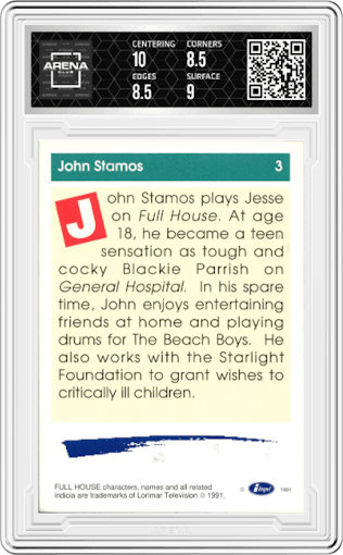 John Stamos from the 1991 Impel Laffs set graded by Arena Club and given an overall grade of 9.