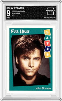John Stamos from the 1991 Impel Laffs set graded by Arena Club and given an overall grade of 9.