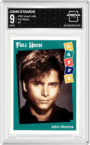 John Stamos from the 1991 Impel Laffs set graded by Arena Club and given an overall grade of 9.