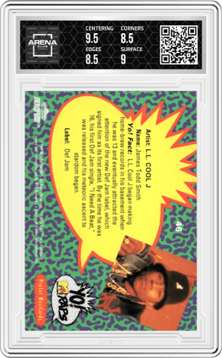 L.L. Cool J from the 1991 Pro Set Yo! MTV Raps set graded by Arena Club and given an overall grade of 9.