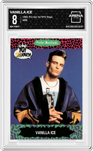 Vanilla Ice from the 1991 Pro Set Yo! MTV Raps set graded by Arena Club and given an overall grade of 8.