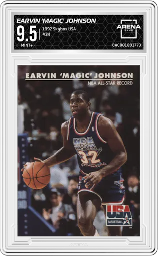 Earvin 'Magic' Johnson from the 1992 Skybox USA  set graded by Arena Club and given an overall grade of 9.5.