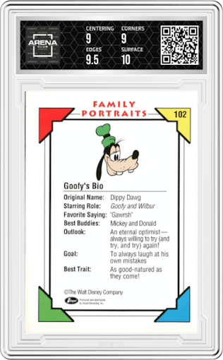 Goofy's Bio from the 1991 Impel Disney set graded by Arena Club and given an overall grade of 9.5.
