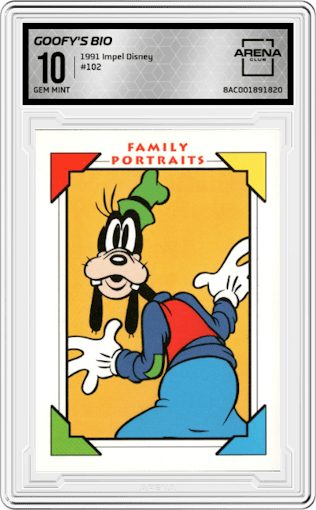 Goofy's Bio from the 1991 Impel Disney set graded by Arena Club and given an overall grade of 10.