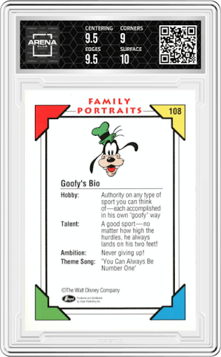 Goofy's Bio from the 1991 Impel Disney set graded by Arena Club and given an overall grade of 9.5.
