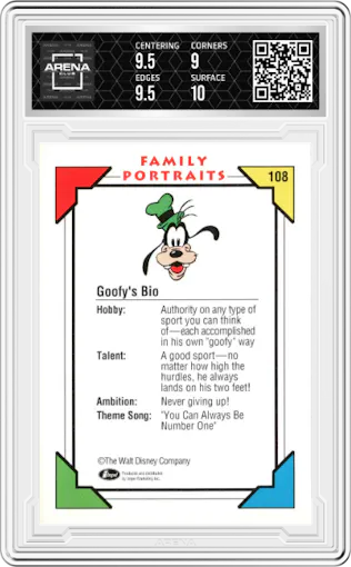 Goofy's Bio from the 1991 Impel Disney set graded by Arena Club and given an overall grade of 9.5.