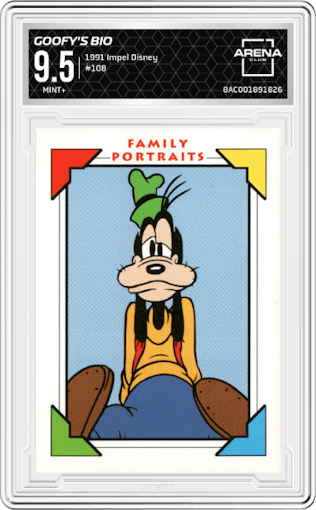 Goofy's Bio from the 1991 Impel Disney set graded by Arena Club and given an overall grade of 9.5.