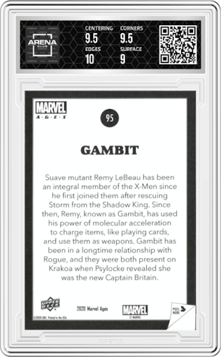Gambit from the 2020 Upper Deck Marvel Ages set graded by Arena Club and given an overall grade of 9.5.