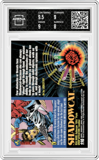 Shadowcat from the 1994 Fleer Marvel Universe  set graded by Arena Club and given an overall grade of 8.5.