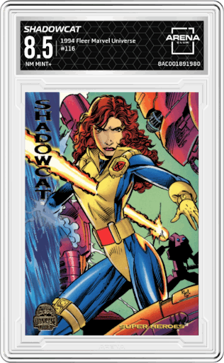Shadowcat from the 1994 Fleer Marvel Universe  set graded by Arena Club and given an overall grade of 8.5.