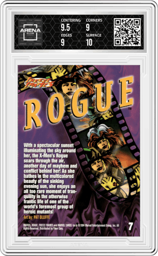 Rogue from the 1994 Fleer Marvel Universe  set graded by Arena Club and given an overall grade of 9.5.