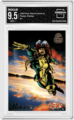 Rogue from the 1994 Fleer Marvel Universe  set graded by Arena Club and given an overall grade of 9.5.