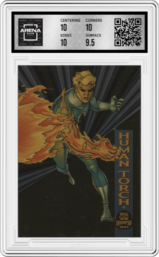 Human Torch from the 1994 Fleer Marvel Universe  set graded by Arena Club and given an overall grade of 10.