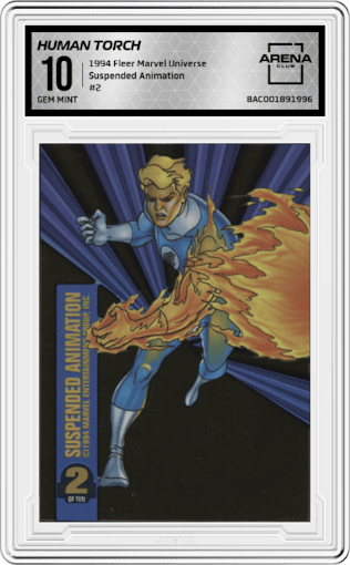 Human Torch from the 1994 Fleer Marvel Universe  set graded by Arena Club and given an overall grade of 10.
