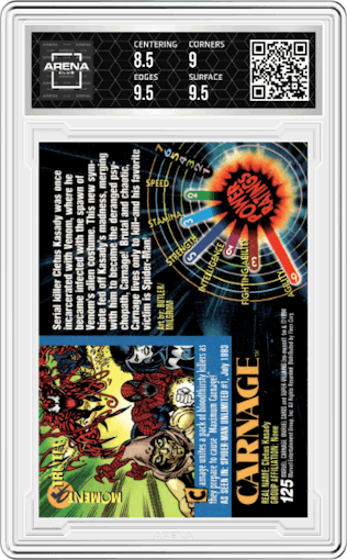 Carnage from the 1994 Fleer Marvel Universe  set graded by Arena Club and given an overall grade of 9.