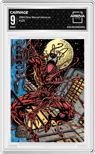 Carnage from the 1994 Fleer Marvel Universe  set graded by Arena Club and given an overall grade of 9.