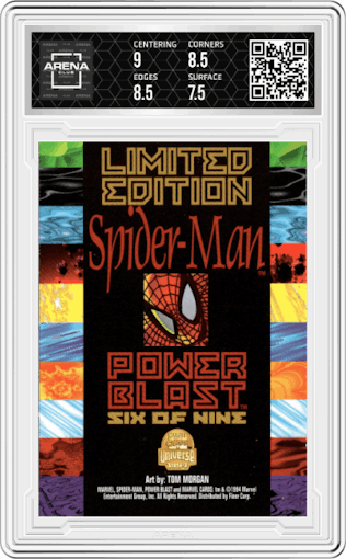 Spider-Man from the 1994 Fleer Marvel Universe  set featuring a Silver parallel graded by Arena Club and given an overall grade of 8.