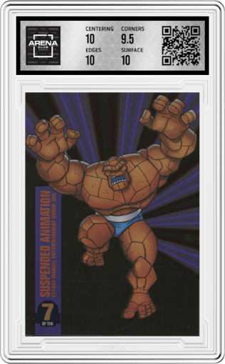The Thing from the 1994 Fleer Marvel Universe  set graded by Arena Club and given an overall grade of 10.